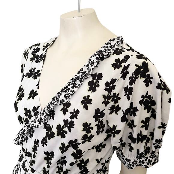 LOVE WHIT by Whitney Port Floral Puff Sleeve Wrap Dress in Black White SZ L - Picture 4 of 13